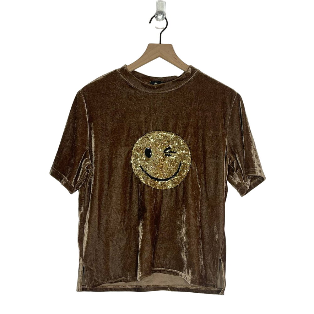 Believe Sequin Smiley Top Women's Size Medium Brown Velvet Short Sleeve Casual